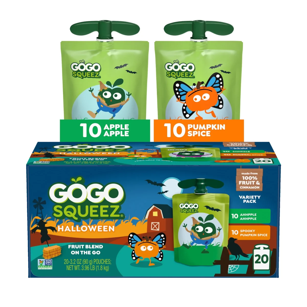GoGo squeeZ No Sugar Added Halloween Apple Pumpkin Spice Variety Pack, 3.2 oz (20 Pack)