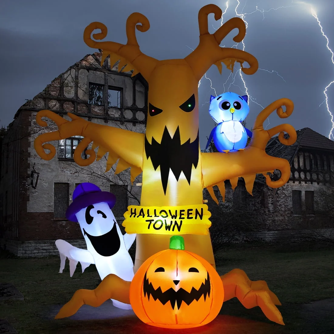 GOOSH Halloween Inflatables 8 FT Halloween Inflatable tree with Ghost Pumpkin and Owl, Halloween Dead Tree Decorations S