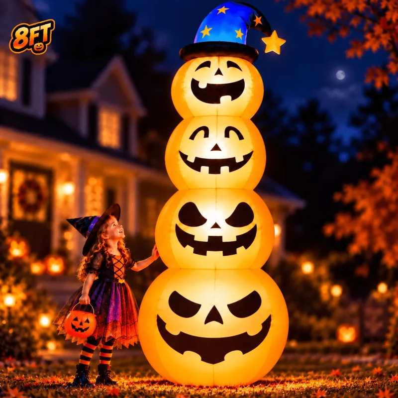 Goosiay 8ft Halloween Inflatable, Stacked Pumpkins with Witch Hat and Built-in LED Lights, Outdoor Blow up Yard Decor fo