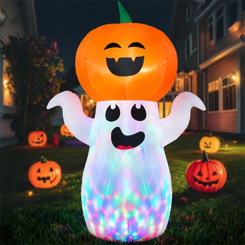 GVDV 5Ft Halloween Inflatables Pumpkin Ghost Decorations with 360° Rotating Colorful LED Lights, Halloween Blow Ups Indo