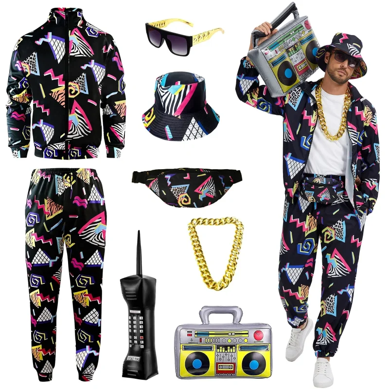 GYQMBT 80s 90s Men's Sportswear, Party Hip Hop Windbreaker 90s Disco Sportswear, 80s Adult Bizarre Costume 8 Piece Set