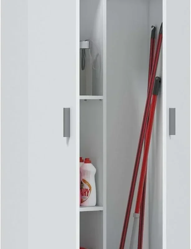 Habitdesign Multi-Purpose Broom Cabinet, 2 Doors, 3 Shelves, 180 x 73 x 37 cm, Matt White