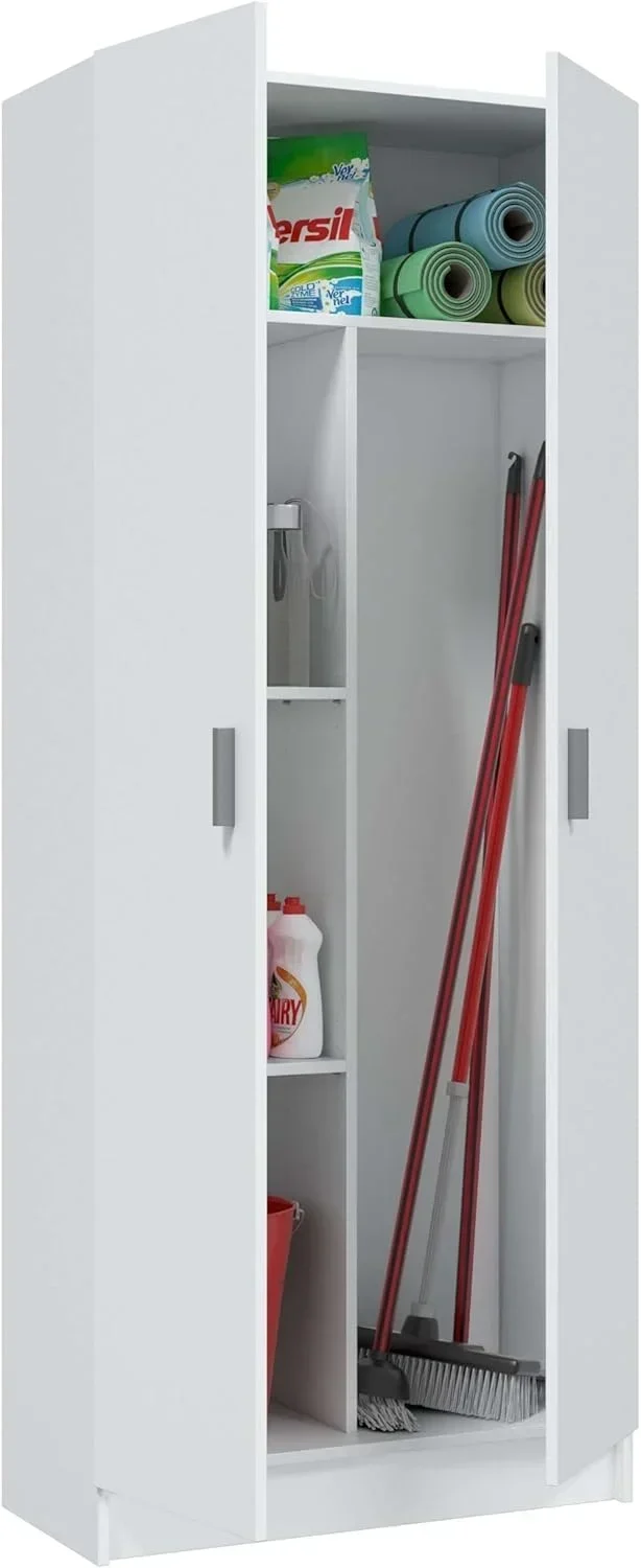 Habitdesign Multi-Purpose Broom Cabinet, 2 Doors, 3 Shelves, 180 x 73 x 37 cm, Matt White