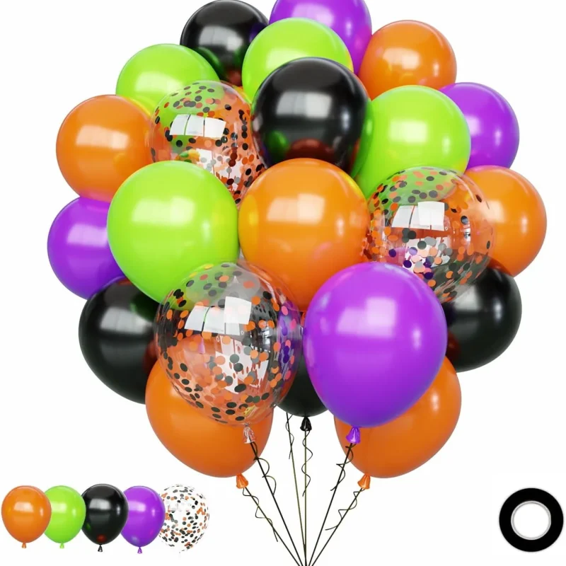 Halloween Balloons Set, 65Pcs 12Inch Black Orange Purple Green Balloons Kit, Black and Orange Latex Balloons for Birthda
