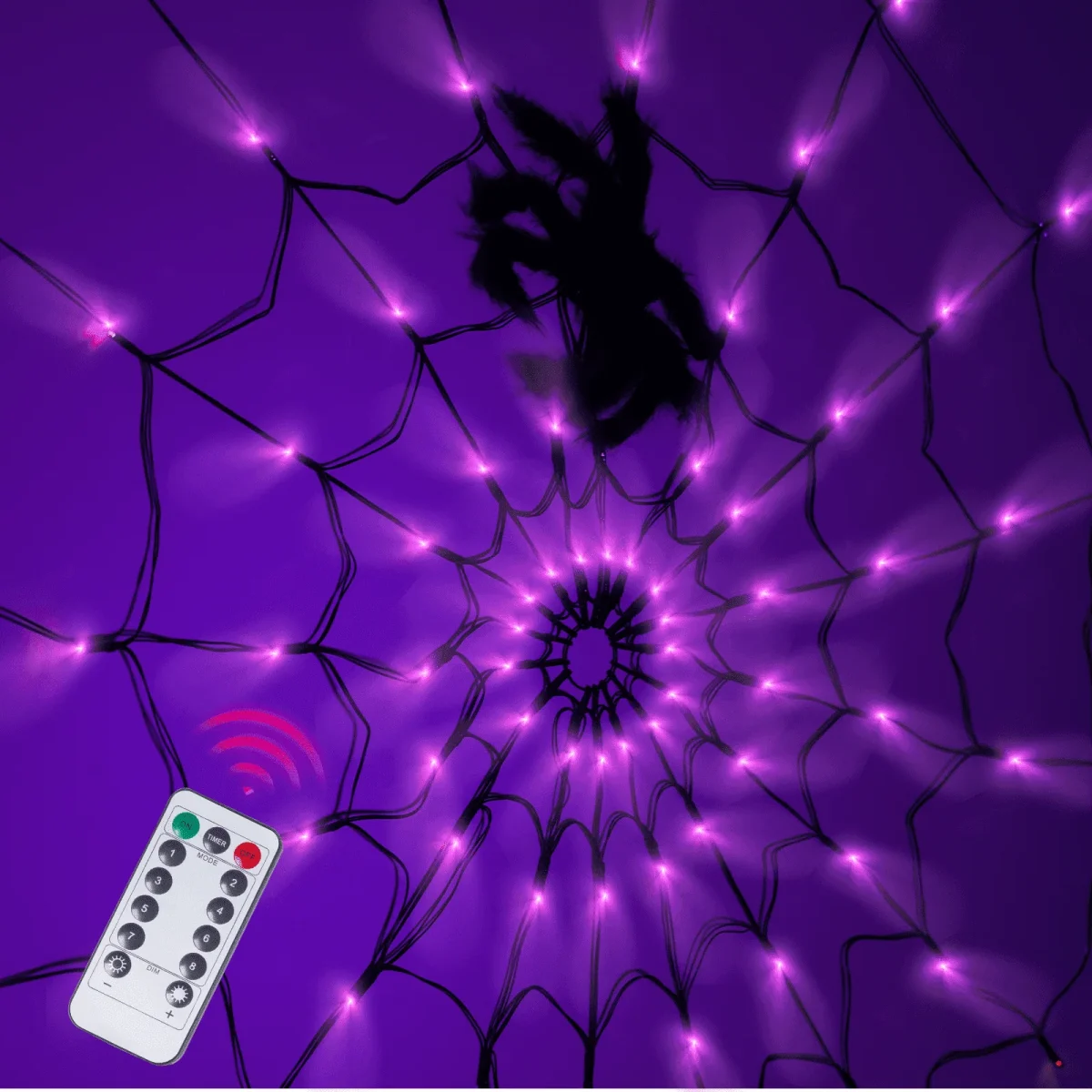 Halloween Decorations Spider Web Lights, 4FT Diameter 70 LED with Black Spider, Waterproof Net Lights, Remote Control