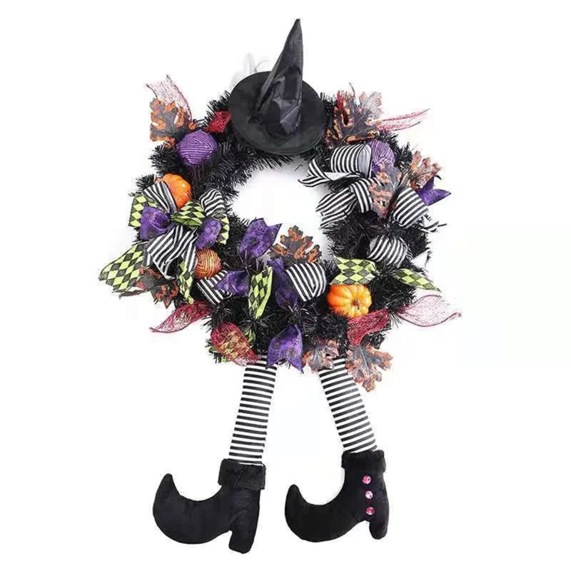 Halloween decorations,Halloween Wreath Front Door,24'' Witch Wreath,Witch's Hat And Legs Hanging Leg Pumpkin Maple Leaf