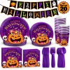 Halloween Paper Plates for Halloween Party Decoration Disposable Cups Napkins Table Cover for Halloween Banner Birthday