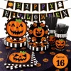 Halloween Paper Plates for Halloween Party Decoration Disposable Cups Napkins Table Cover for Halloween Banner Birthday