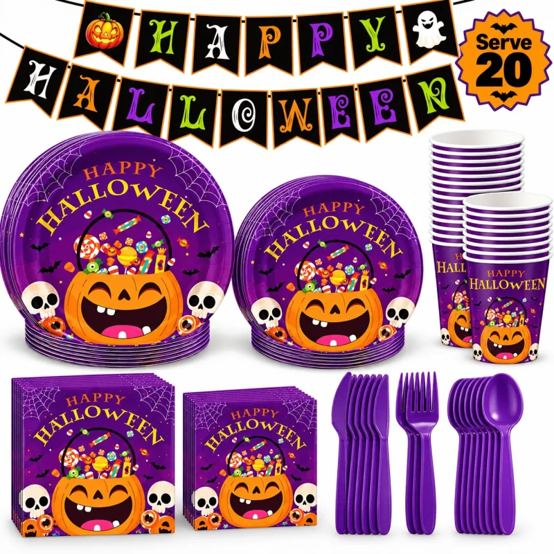 Halloween Paper Plates for Halloween Party Decoration Disposable Cups Napkins Table Cover for Halloween Banner Birthday