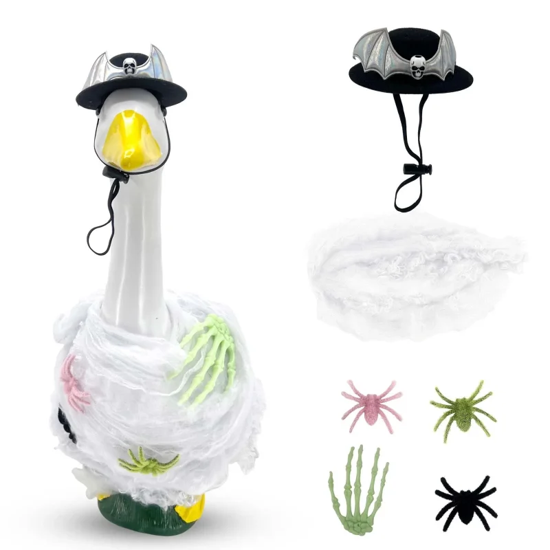 Halloween Porch Goose Outfit, Porch Goose Cloths Spider Web Duck Lawn Skeleton Costume for 23'' Plastic/Cement Duck Stat