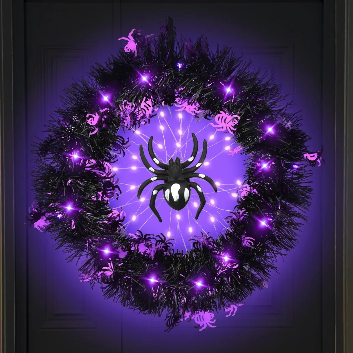 Halloween Wreath Halloween Spider Decorations Wreath with Lights, Halloween Spider Garland LED Halloween Door Wreath for