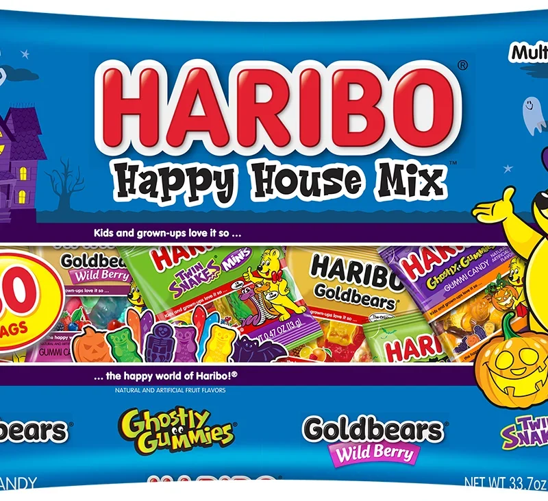 HARIBO Happy House Mix Halloween Gummy Candy Mini Pouches, 80ct, 33.4oz Laydown Bag