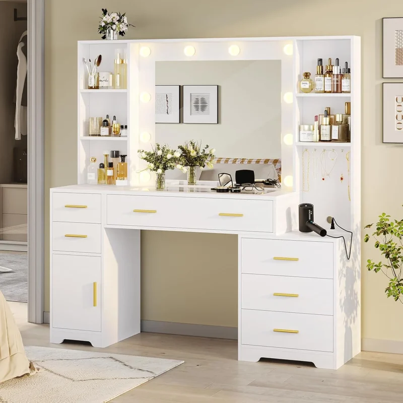 Hasuit Vanity Desk With Lighted Mirror, 48.8 in, White, 6 Drawers, 4 Shelves, 1 Storage Cabinet