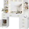 Hasuit Vanity Desk With Lighted Mirror, 48.8 in, White, 6 Drawers, 4 Shelves, 1 Storage Cabinet