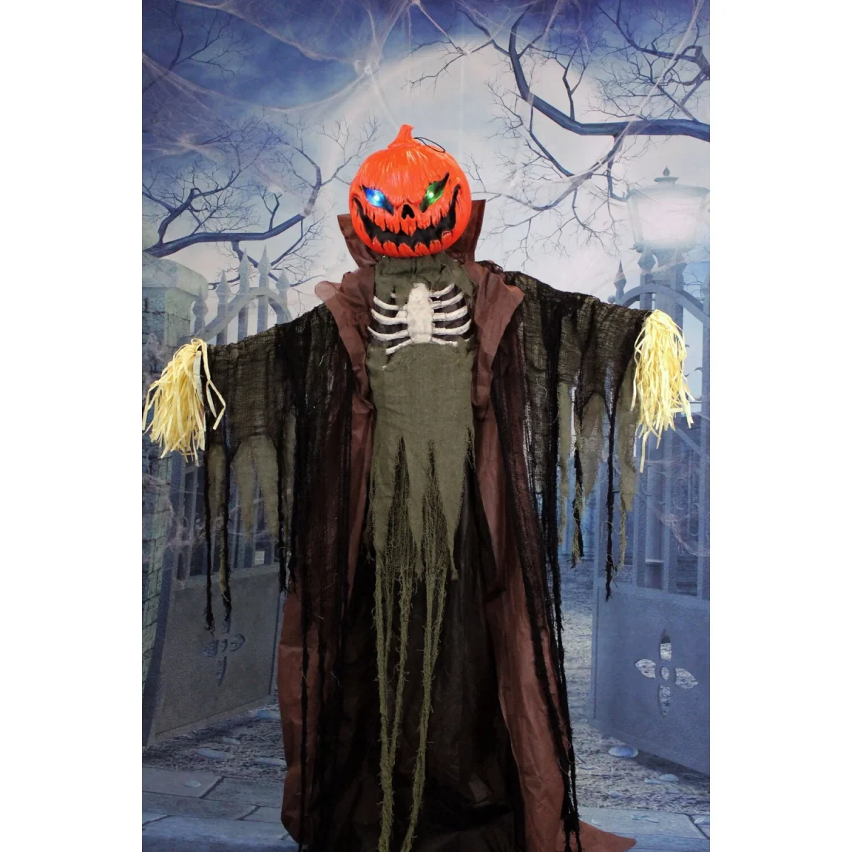 Haunted Hill Farm Life-Size Poseable 6.7-Ft. Pumpkin Scarecrow with Lights and Sound, Indoor or Covered Outdoor Hallowee