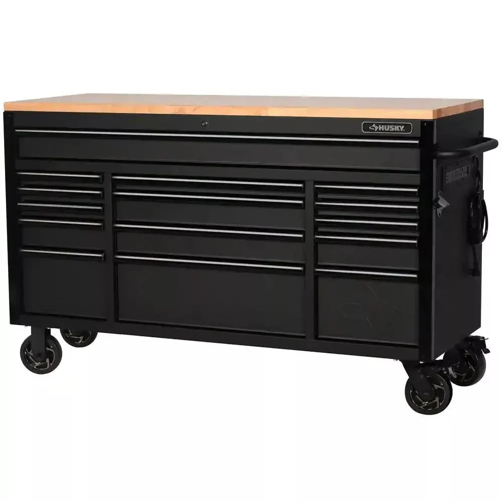 Heavy Duty 61 in. W x 23 in. D 15-Drawer Mobile Workbench With Solid Wood Top