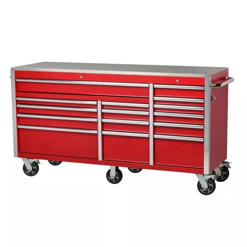Heavy-Duty 72 in W x 24 in D 15-Drawer Mobile Workbench With Stainless Steel Top - Red