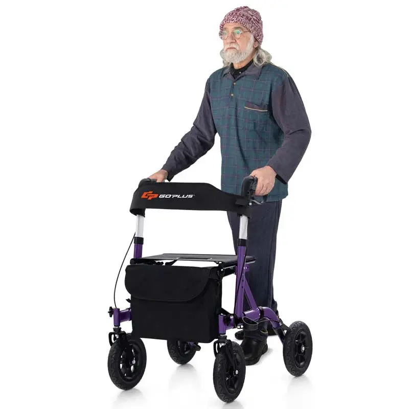 Heavy-Duty Foldable Rollator Walker With 9.5in Pneumatic Wheels, Built-In Seat, Blue Or Purple
