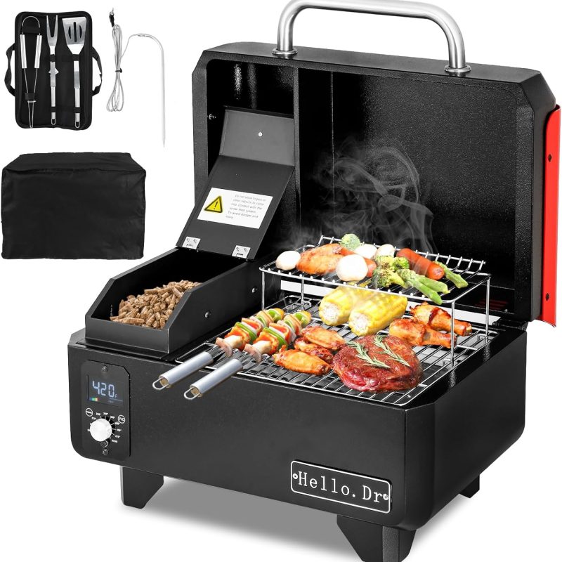 Hello.Dr Portable Wood Pellet Grill And Smoker, 8-In-1 Tabletop, Black - B0BWGXFY9H