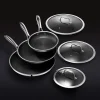 HexClad 6 Piece Hybrid Stainless Steel Cookware Pan Set, 8 inch, 10 inch, 12 inch With Glass Lids - Black
