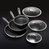 HexClad 6 Piece Hybrid Stainless Steel Cookware Pan Set, 8 inch, 10 inch, 12 inch With Glass Lids - Black