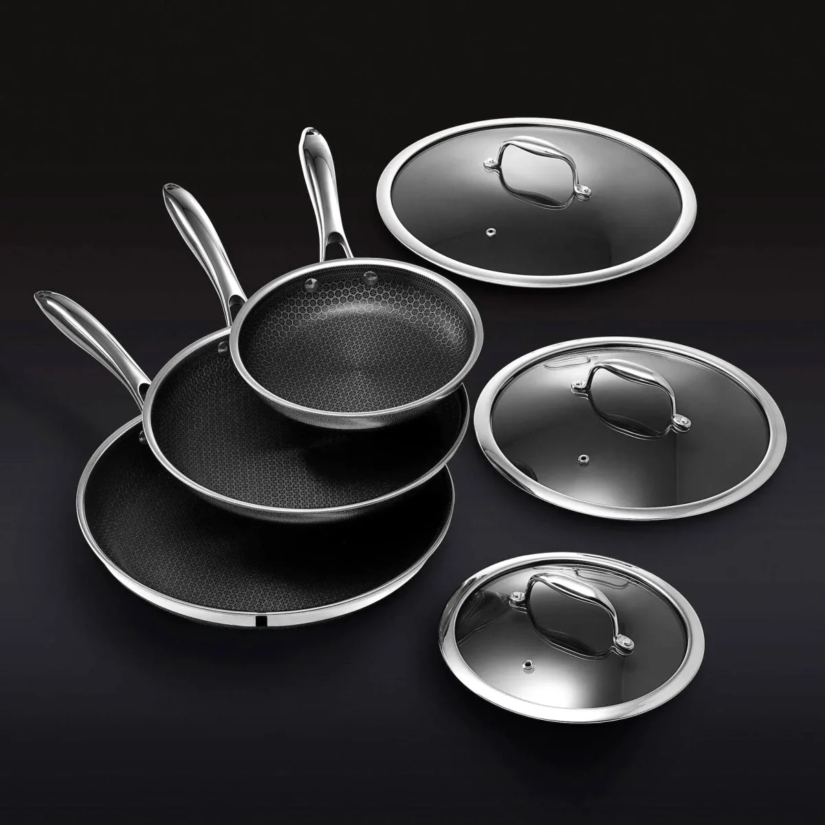 HexClad 6 Piece Hybrid Stainless Steel Cookware Pan Set, 8 inch, 10 inch, 12 inch With Glass Lids - Black