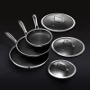 HexClad Hybrid Stainless Steel Cookware Pan Set, 6 Piece, 8 inch, 10 inch, 12 inch, Glass Lids, Black