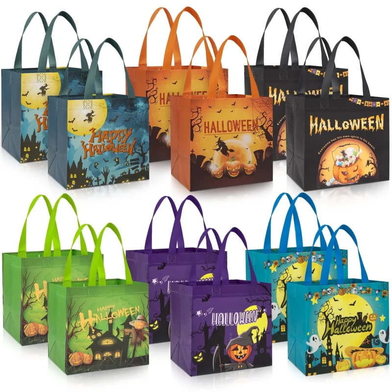 HiberyHom 12 Pcs Halloween Trick or Treat Bags with Handles, Gift Bags & Party Favor Bags for Kids, 8.27 x 5.91 x 7.87 i