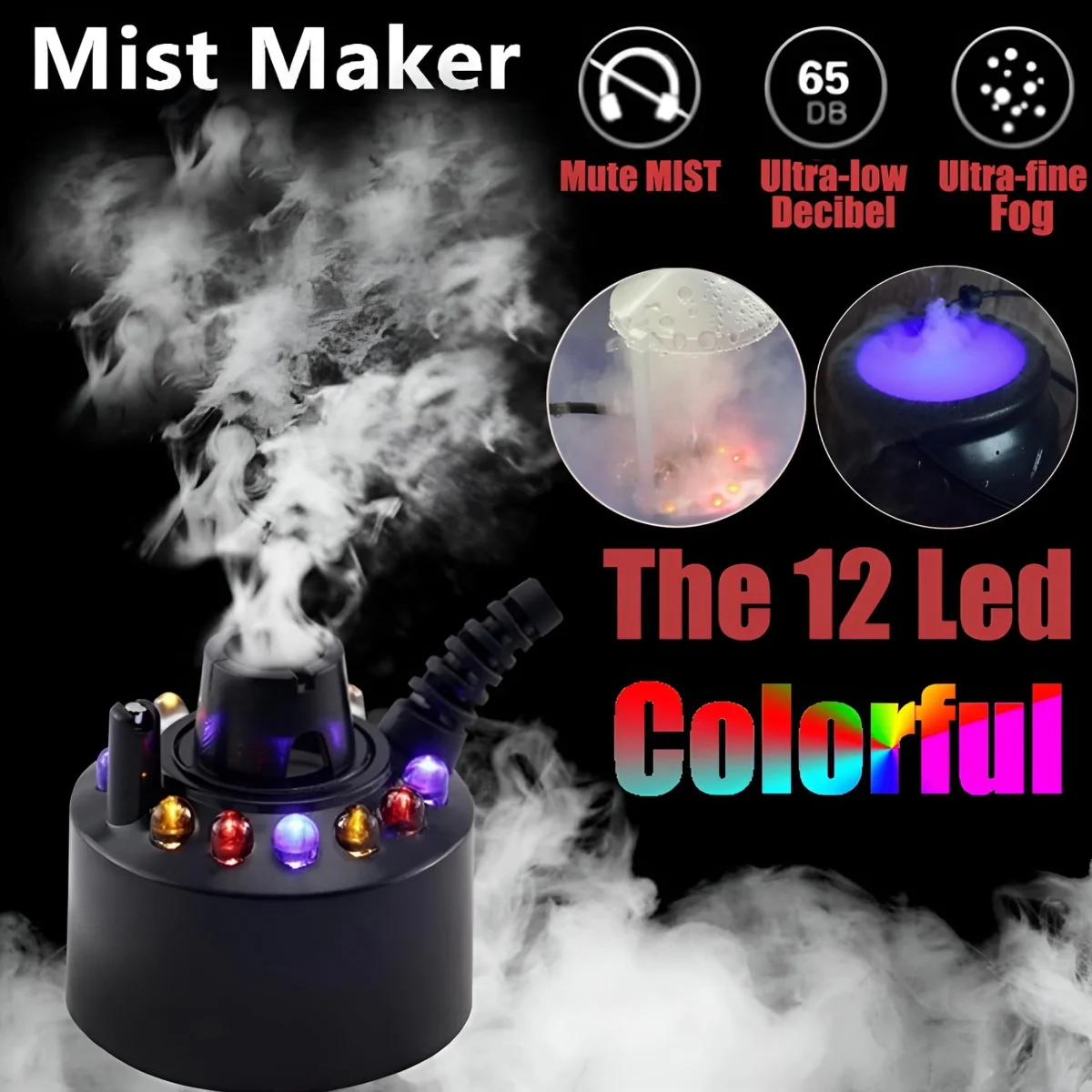 HIBIBUD Mist Maker Mini Pond Fog Machine,Halloween Mist Maker Fogger 12 LED Lights Aluminum With Adjustable Controller G