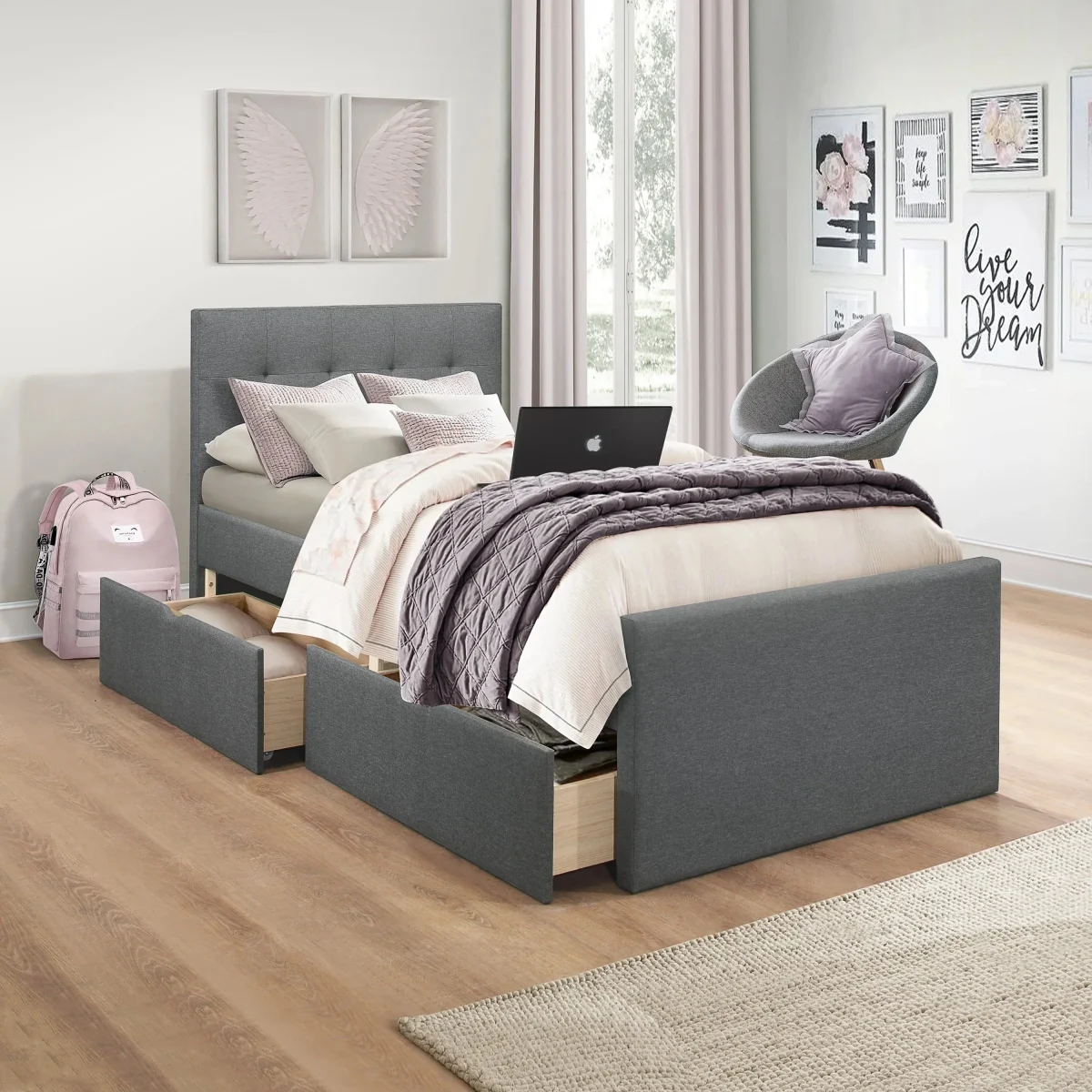 Hillsdale Living Essentials Upholstered Twin Platform Bed With 2 Storage Drawers, Gray