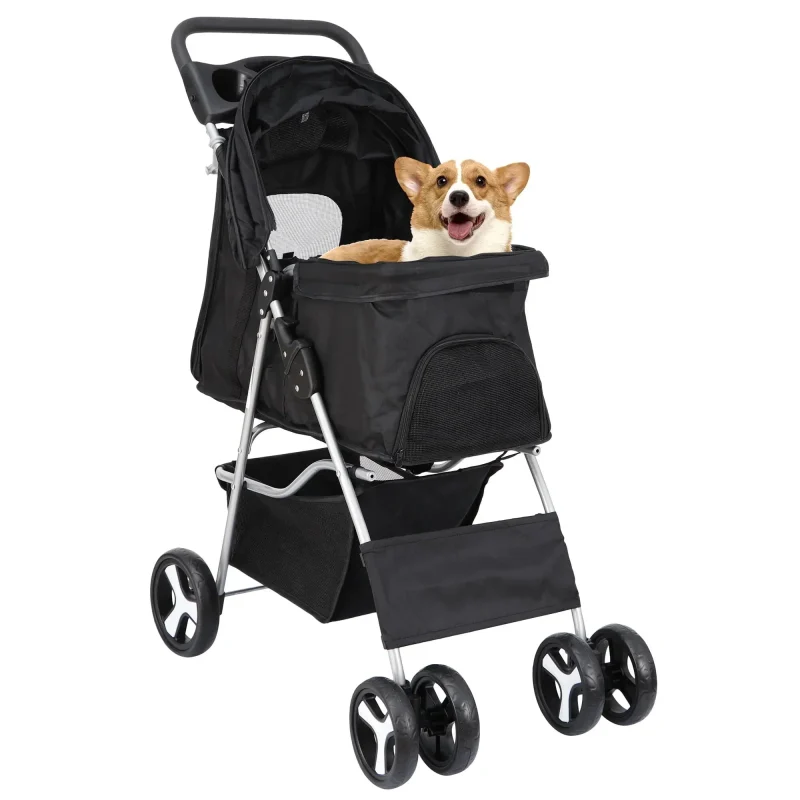 HomGarden 4 Wheel Foldable Pet Stroller Carrier Cart With Storage Basket And Cup Holder - Black