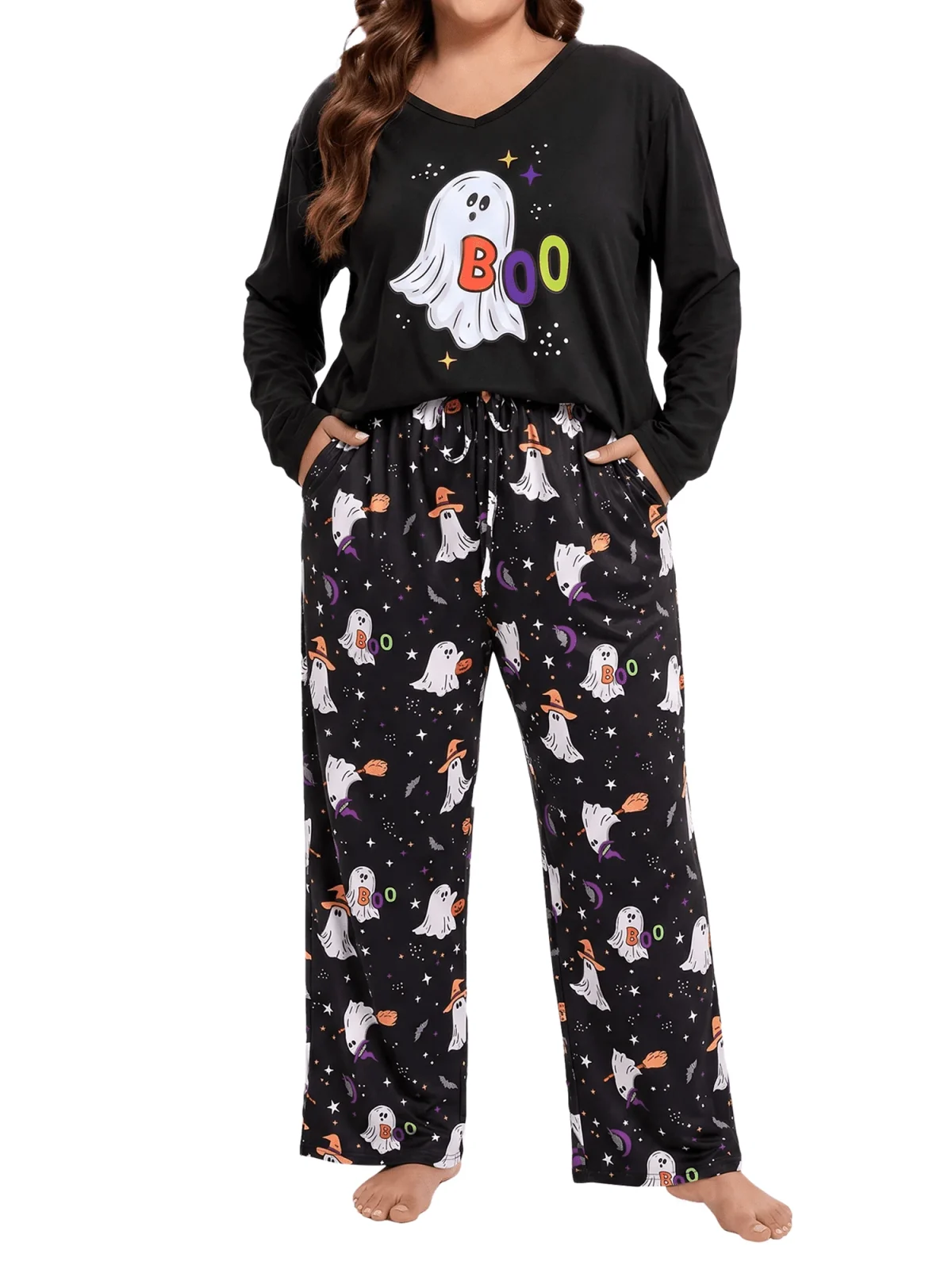 Homlouue Halloween Womens Plus Size Pajama Sets 2-Piece, Cute Ghost Print V-Neck Loungewear with Pockets, Soft Sleepwear