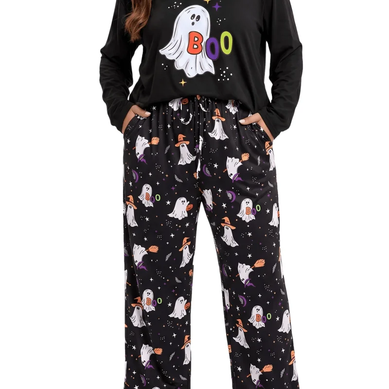 Homlouue Halloween Womens Plus Size Pajama Sets 2-Piece, Cute Ghost Print V-Neck Loungewear with Pockets, Soft Sleepwear