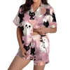 Hpapadks Halloween Pajamas Women Silk Graphic Button Down Short Sleeve Shirts and Shorts 2 Piece Sleepwear Women Pjs Set