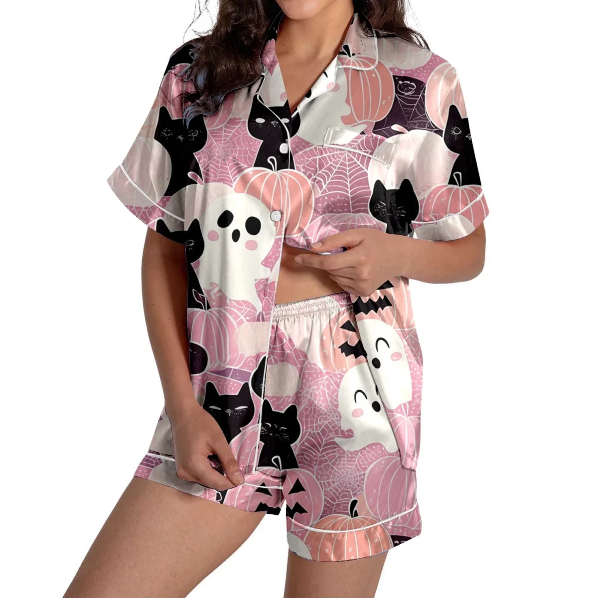 Hpapadks Halloween Pajamas Women Silk Graphic Button Down Short Sleeve Shirts and Shorts 2 Piece Sleepwear Women Pjs Set