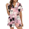 Hpapadks Halloween Pajamas Women Silk Graphic Button Down Short Sleeve Shirts and Shorts 2 Piece Sleepwear Women Pjs Set