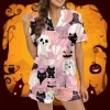 Hpapadks Halloween Pajamas Women Silk Graphic Button Down Short Sleeve Shirts and Shorts 2 Piece Sleepwear Women Pjs Set