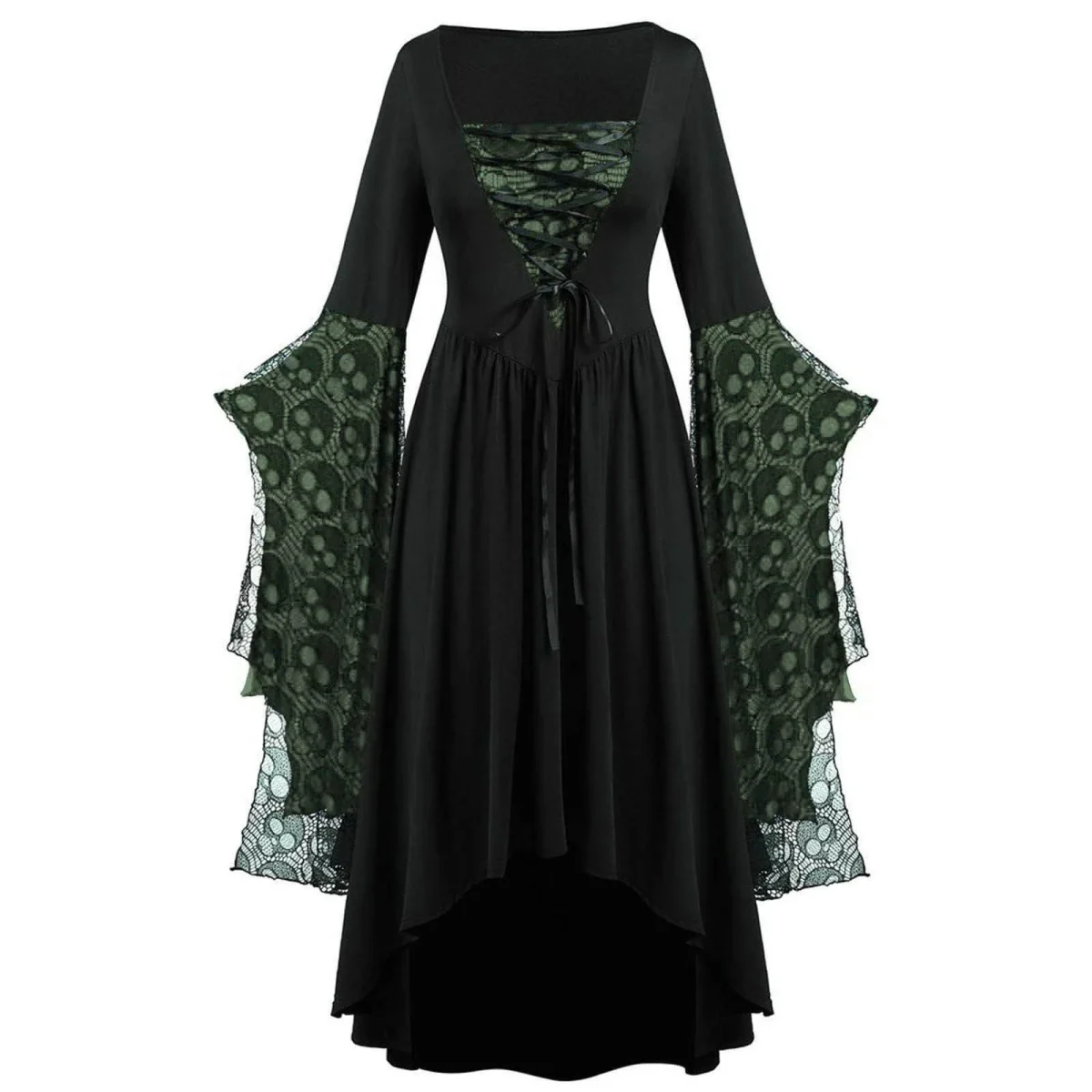 Huowey Vampire Gothic Dresses Women Halloween LaceâUp Waist High-Low Fancy Cosplay Party Gown Square Neck Long Sleeve