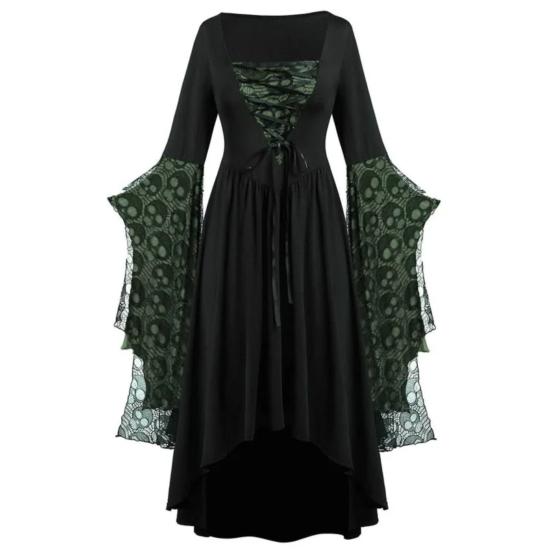 Huowey Vampire Gothic Dresses Women Halloween LaceâUp Waist High-Low Fancy Cosplay Party Gown Square Neck Long Sleeve
