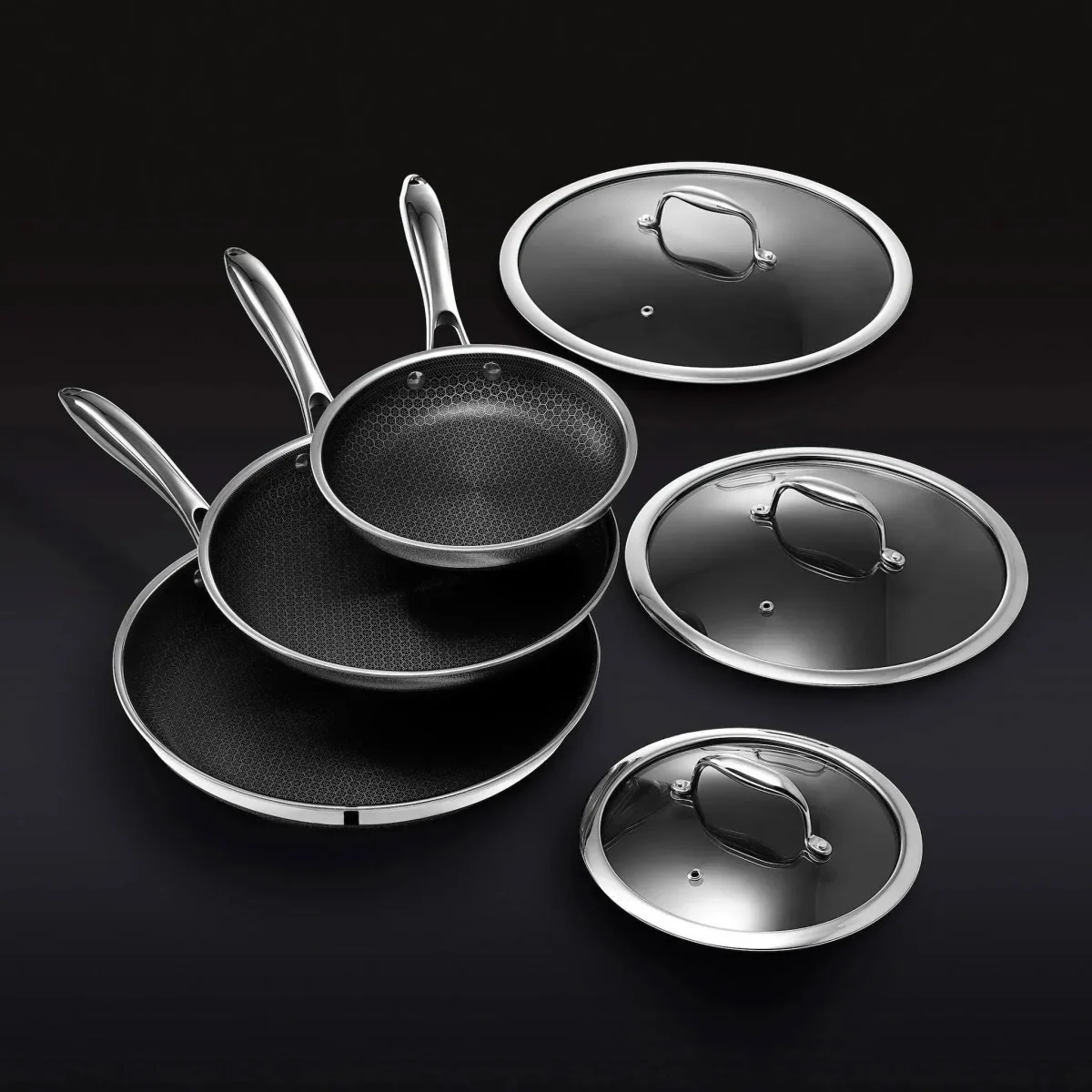 Hybrid Stainless Steel Pan Set With Glass Lids, 6-Piece, 8-Inch, 10-Inch And 12-Inch, Black