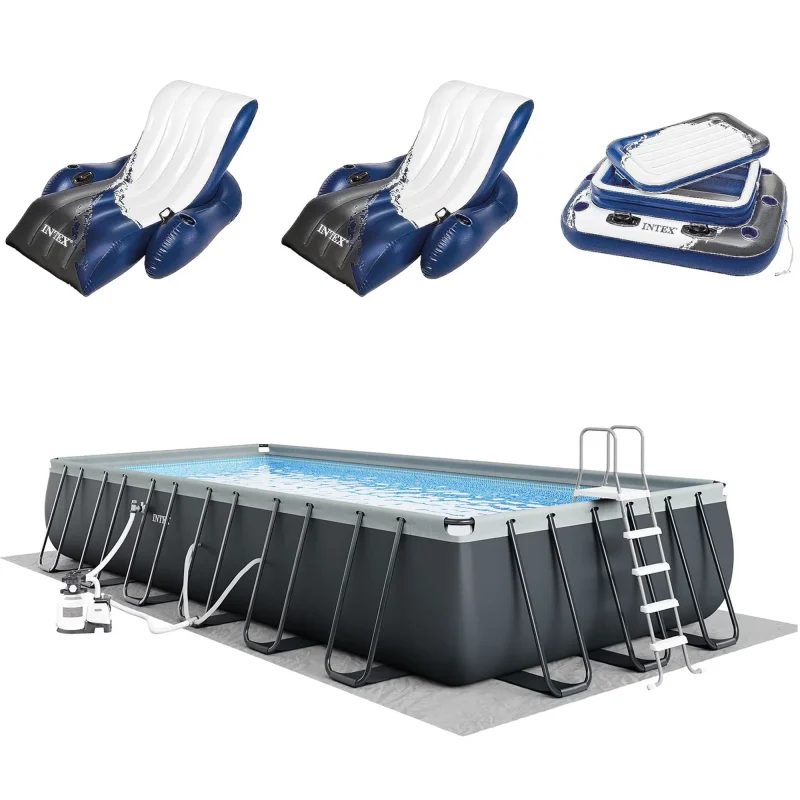 INTEX Ultra XTR Above Ground Pool 24ft x 12ft x 52in With 2 Floating Recliners And Mega Chill II Cooler