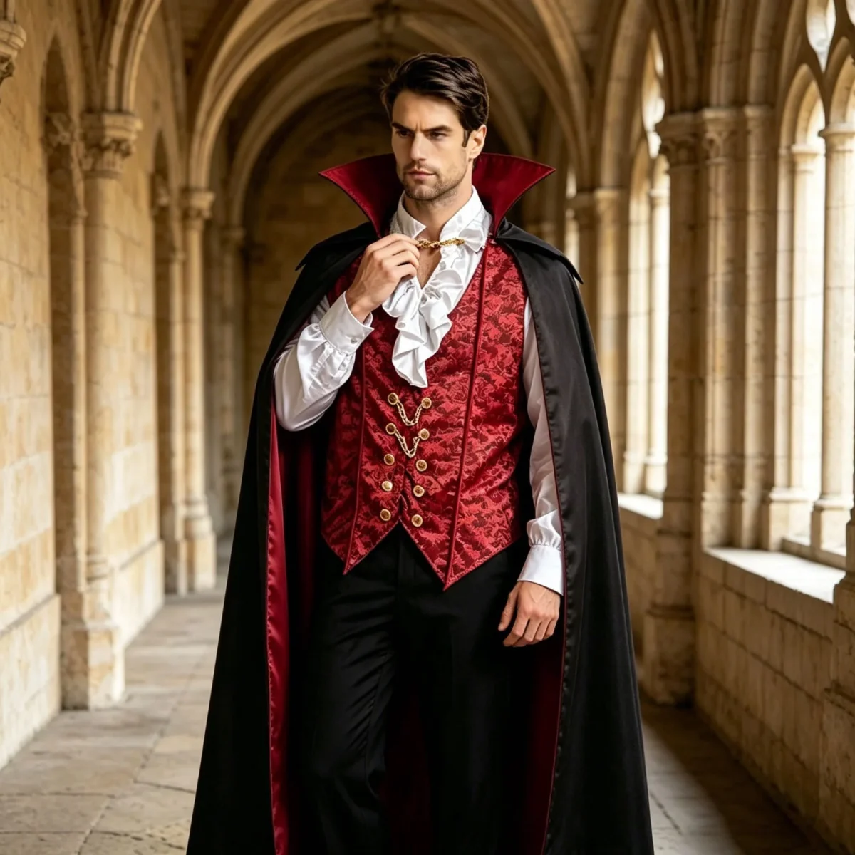 JOANKDMI Mens Gothic Vampire Costume Set with Stand Collar Cape Vest and Ruffle Shirt Classic Aristocrat Dracula Outfit