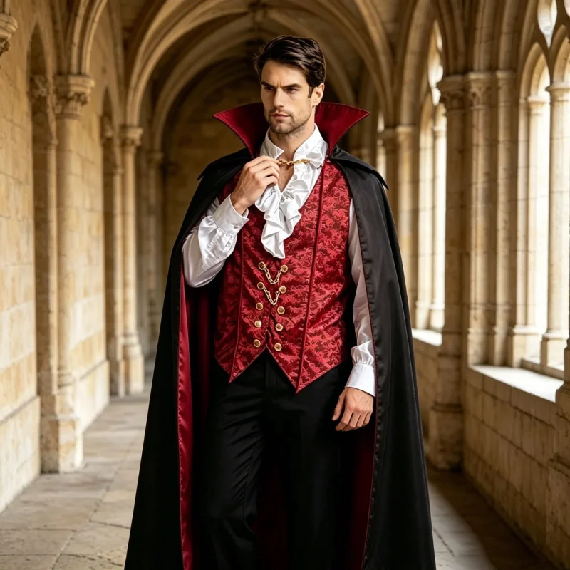 JOANKDMI Mens Gothic Vampire Costume Set with Stand Collar Cape Vest and Ruffle Shirt Classic Aristocrat Dracula Outfit