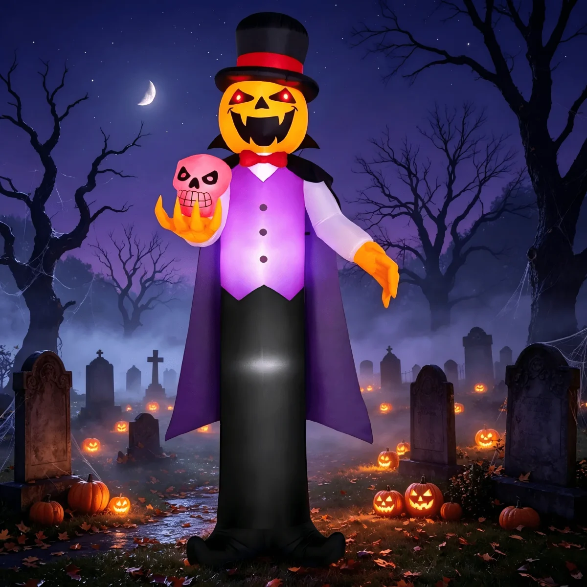 Joyfy 12 ft Giant Halloween Inflatable Pumpkin Ghost Vampire with Skull Decoration with Built-in LEDs, Ghost Halloween D