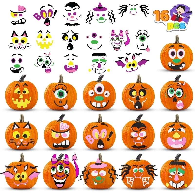 Joyfy 16 Faces Halloween Pumpkin Decorations Stickers Foam Craft Kit, 18 Sheets 16 Designs Halloween Party Favors for Ki