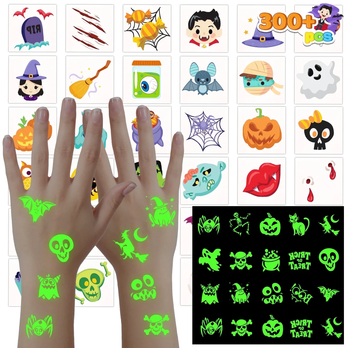 Joyfy 300+ Halloween Temporary Tattoos, Glow in The Dark Tattoos for Kids, Halloween Toys Bulk, Halloween Trick or Treat