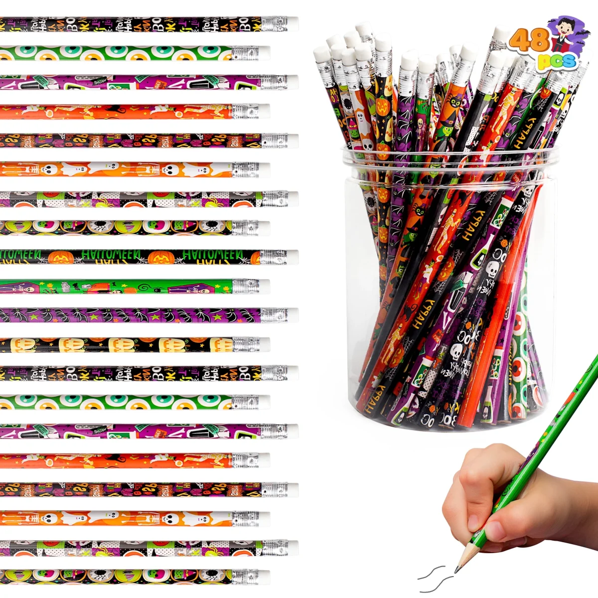Joyfy 48 Pcs Halloween Pencils Bulk with Eraser for Kids, Colorful Pencils Stationery Pencil Set, Halloween Favors Prize