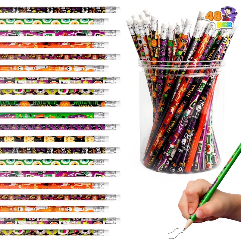 Joyfy 48 Pcs Halloween Pencils Bulk with Eraser for Kids, Colorful Pencils Stationery Pencil Set, Halloween Favors Prize