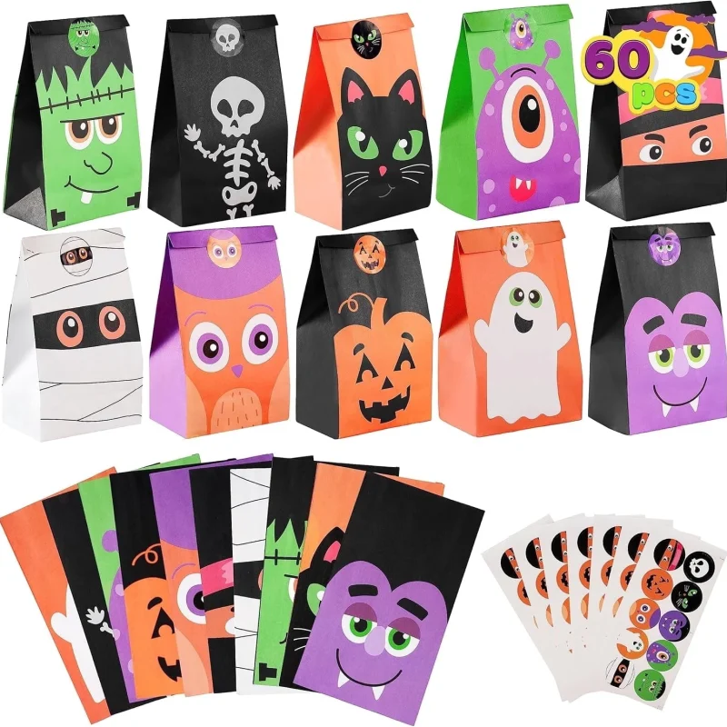 Joyfy 60 PCS Halloween Treat Bags with Stickers, Halloween Trick or Treat Bags for Kids Halloween Party Favors Exchange,