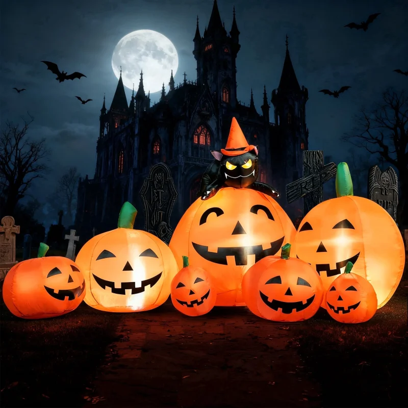 Joyfy 7 ft Halloween Inflatable Long Pumpkin with Witch's Cat Decorations Inflatables with Build-in LEDs, Halloween Deco